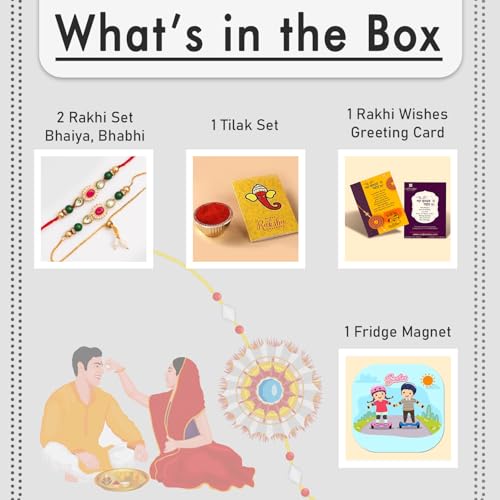 CraftVatika Rakhi Set for Brother and Bhabhi, Lumba Floral Rakhi Kundan Bracelet Rakhis for Bhaiya Bhabhi Raksha bandhan Couple Pearl Rakhis Set of 2 with Fridge Magnet Gift