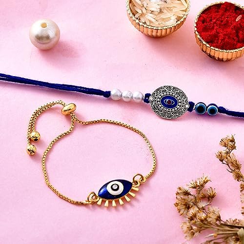 CraftVatika Bhaiya Bhabhi Evil Eye Rakhi Magnet Combo Set for Brother Designer Rakhi for Unisex Adult Rakshabandhan Bracelet Evil Eye Hand Set with Gift