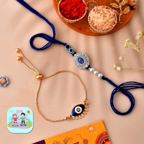 CraftVatika Bhaiya Bhabhi Evil Eye Rakhi Magnet Combo Set for Brother Designer Rakhi for Unisex Adult Rakshabandhan Bracelet Evil Eye Hand Set with Gift
