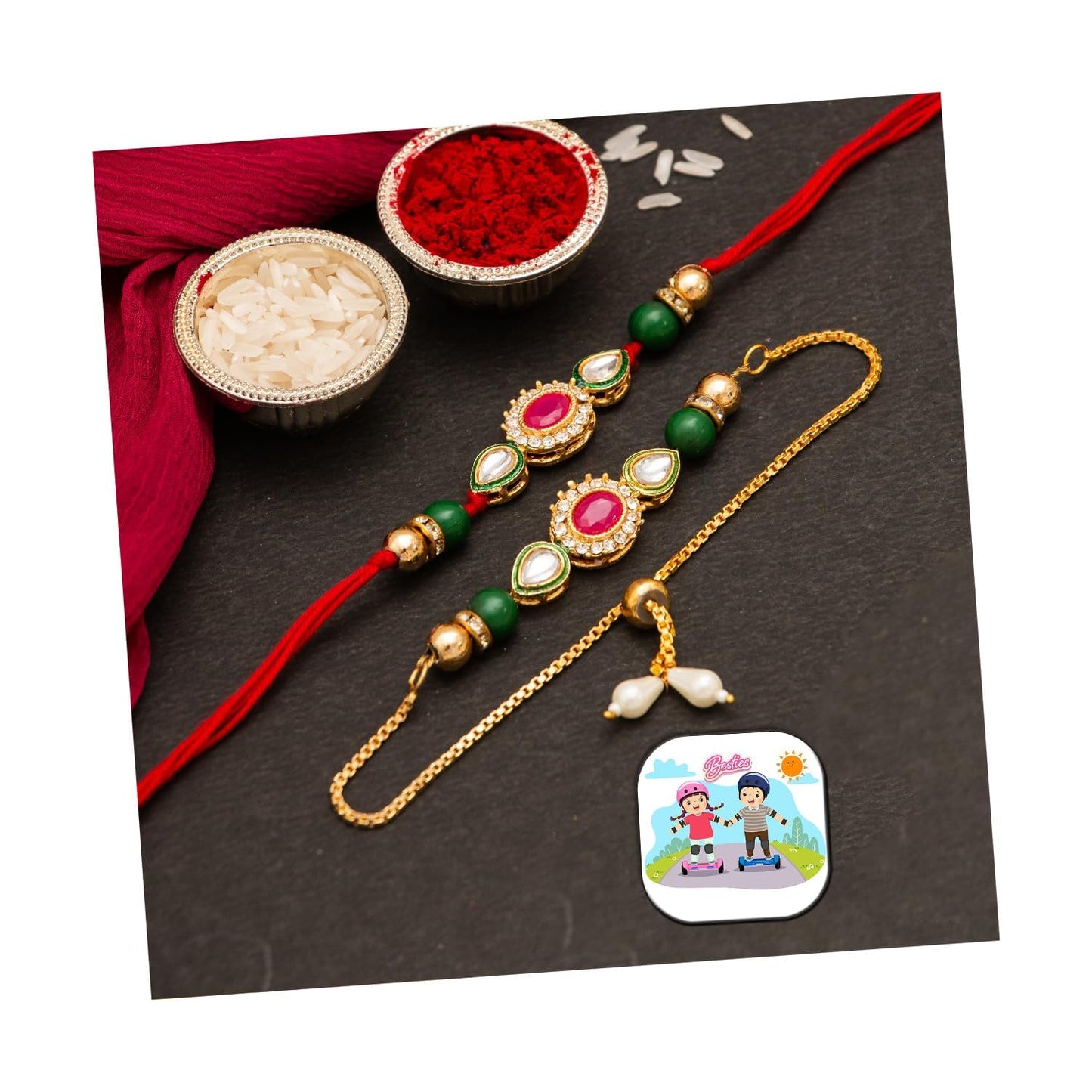 CraftVatika Rakhi Set for Brother and Bhabhi, Lumba Floral Rakhi Kundan Bracelet Rakhis for Bhaiya Bhabhi Raksha bandhan Couple Pearl Rakhis Set of 2 with Fridge Magnet Gift