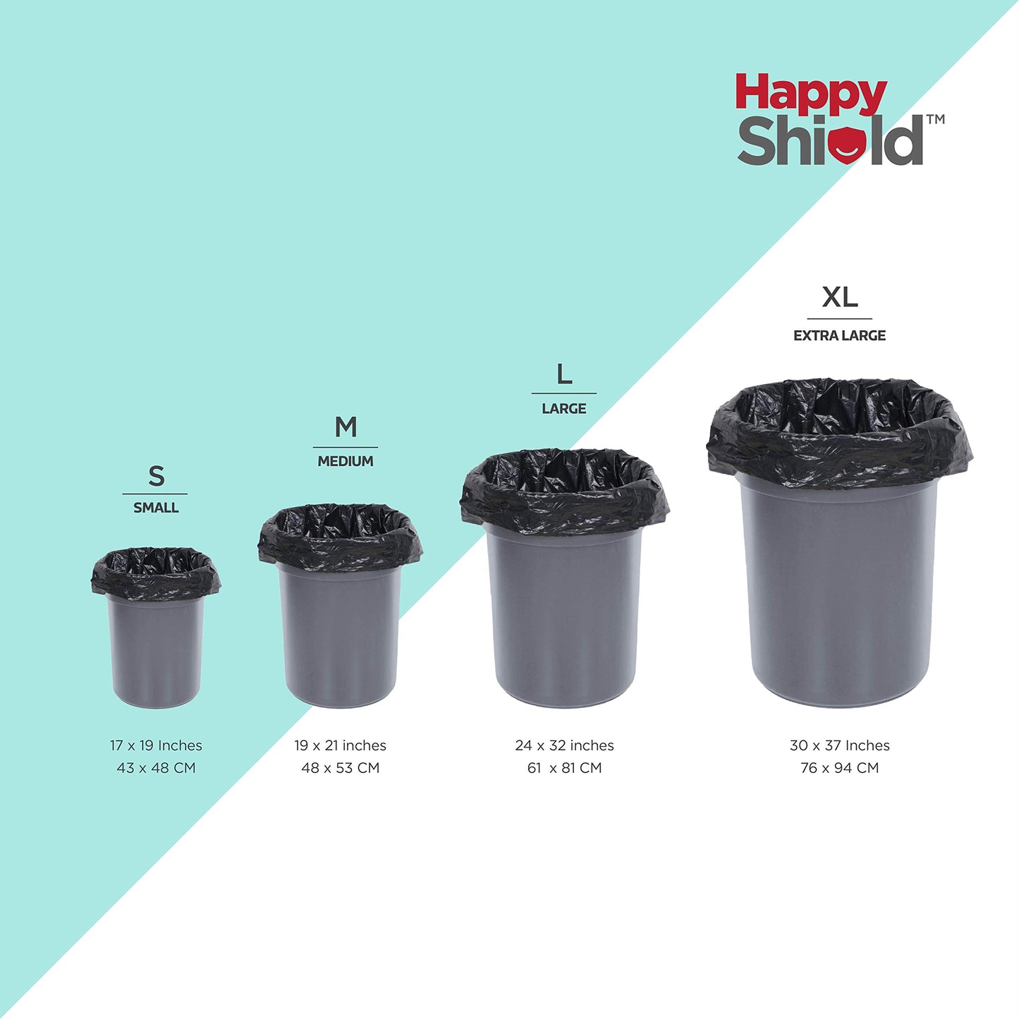 Happy Shield - RCS Certified Garbage Bags (90 Pieces), Medium (19x21 Inches) - 30 pieces/pack (Pack of 3), Black
