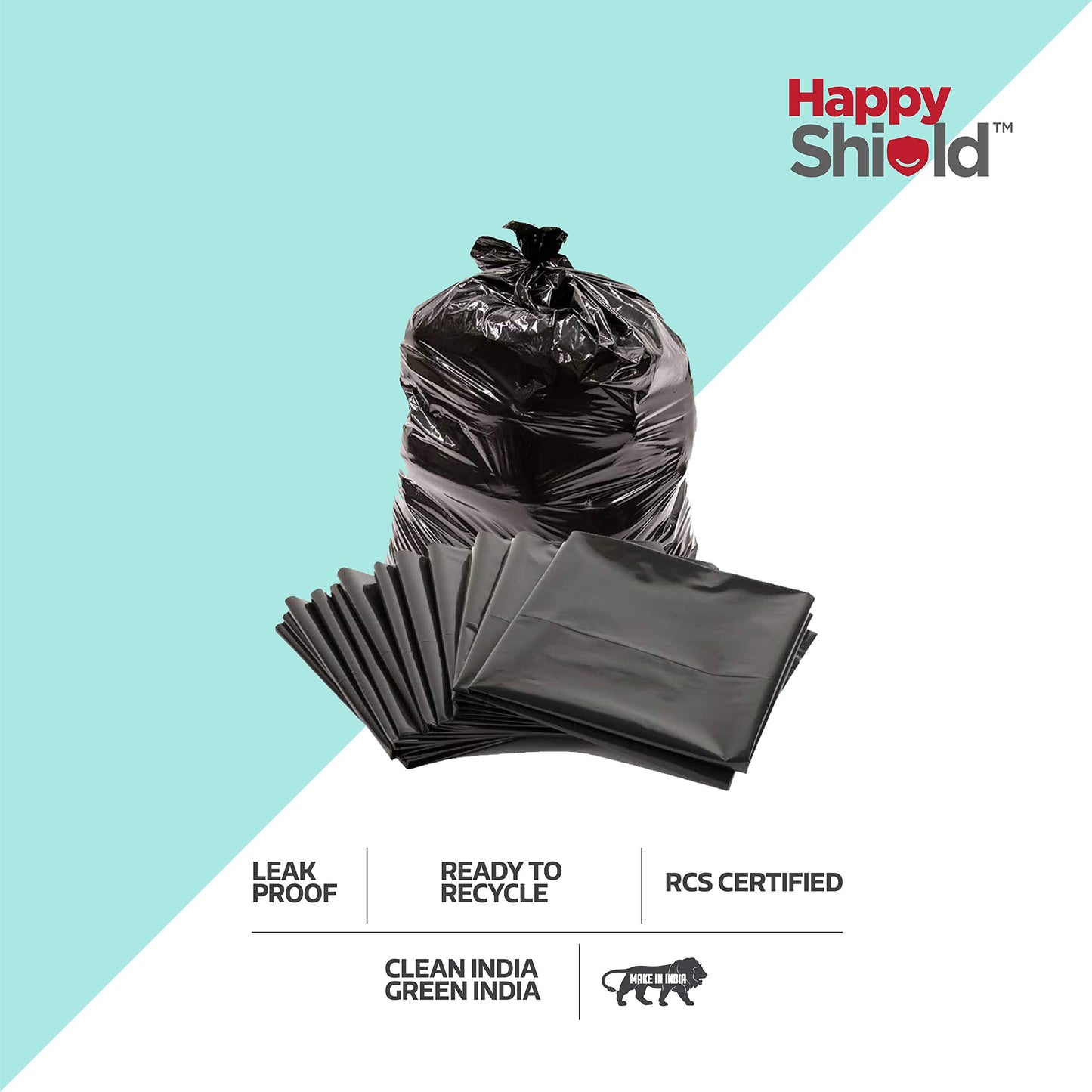 Happy Shield - RCS Certified Garbage Bags (90 Pieces), Medium (19x21 Inches) - 30 pieces/pack (Pack of 3), Black