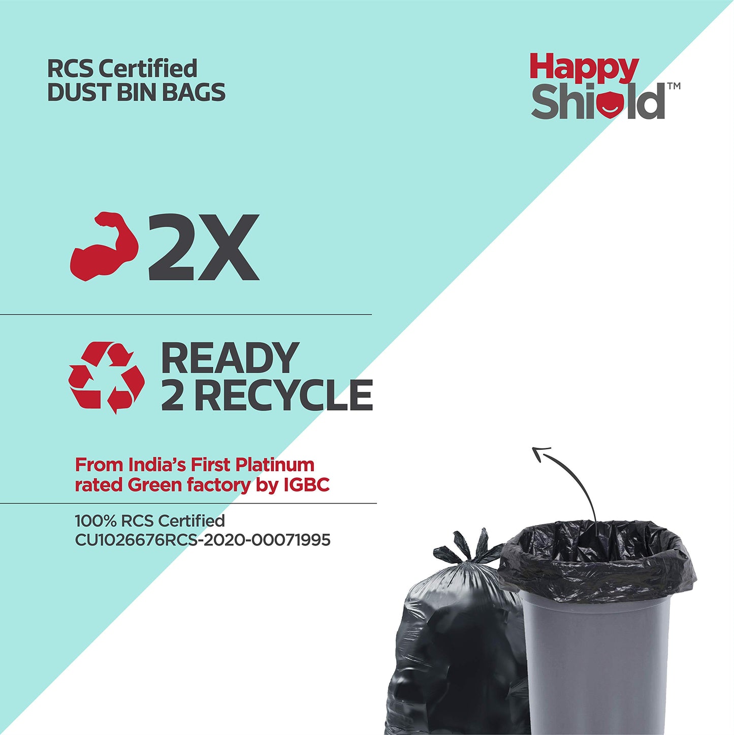 Happy Shield - RCS Certified Garbage Bags (90 Pieces), Medium (19x21 Inches) - 30 pieces/pack (Pack of 3), Black