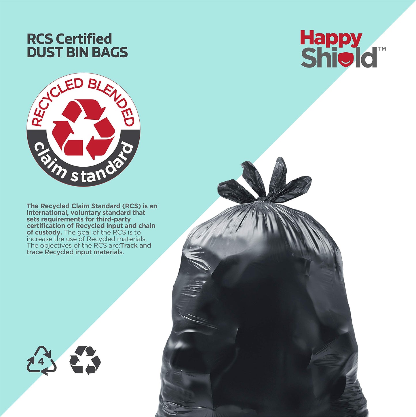 Happy Shield - RCS Certified Garbage Bags (90 Pieces), Medium (19x21 Inches) - 30 pieces/pack (Pack of 3), Black