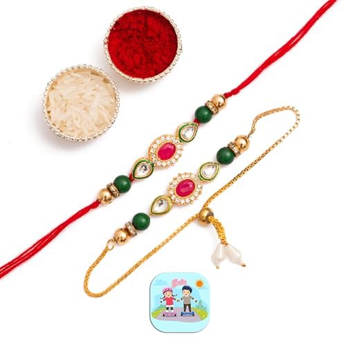 CraftVatika Rakhi Set for Brother and Bhabhi, Lumba Floral Rakhi Kundan Bracelet Rakhis for Bhaiya Bhabhi Raksha bandhan Couple Pearl Rakhis Set of 2 with Fridge Magnet Gift