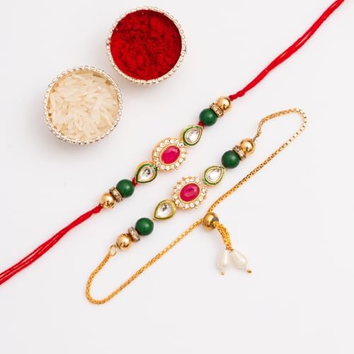 CraftVatika Rakhi Set for Brother and Bhabhi, Lumba Floral Rakhi Kundan Bracelet Rakhis for Bhaiya Bhabhi Raksha bandhan Couple Pearl Rakhis Set of 2 with Fridge Magnet Gift