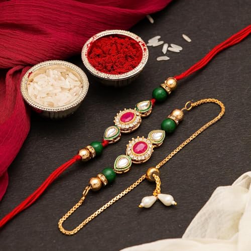 CraftVatika Rakhi Set for Brother and Bhabhi, Lumba Floral Rakhi Kundan Bracelet Rakhis for Bhaiya Bhabhi Raksha bandhan Couple Pearl Rakhis Set of 2 with Fridge Magnet Gift