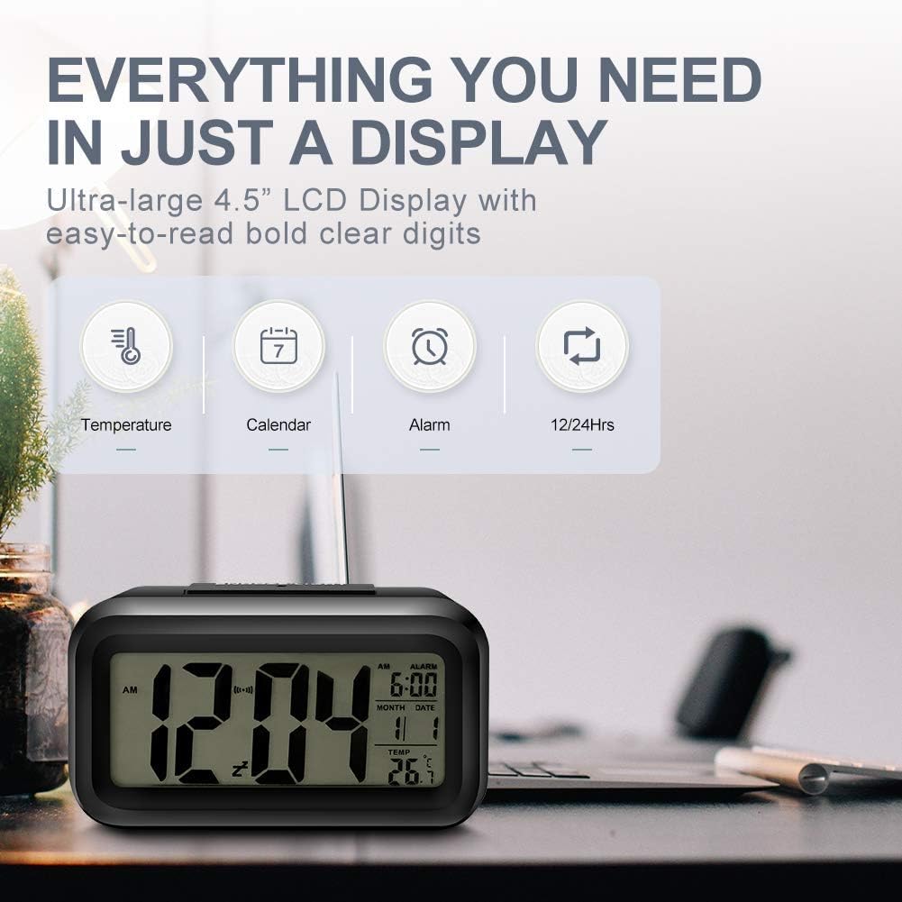AERYS Digital Alarm Clock with Automatic Sensor, Date and Temperature Display, Table Clock for Students, Home, Office, Corporate Use (Black Digital)