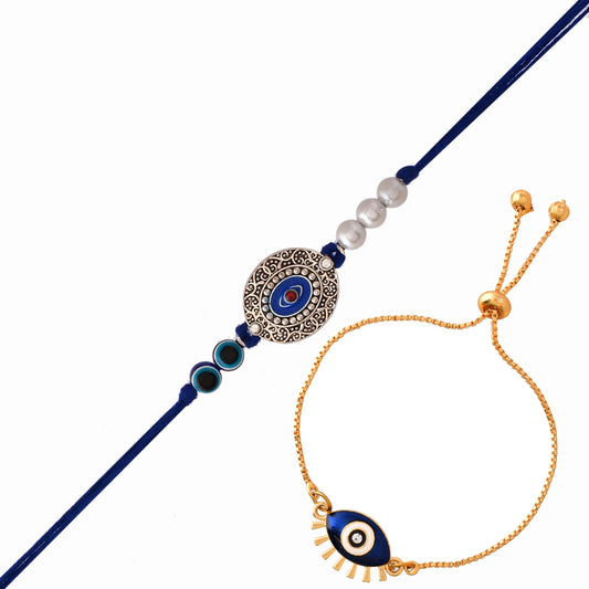 CraftVatika Bhaiya Bhabhi Evil Eye Rakhi Magnet Combo Set for Brother Designer Rakhi for Unisex Adult Rakshabandhan Bracelet Evil Eye Hand Set with Gift