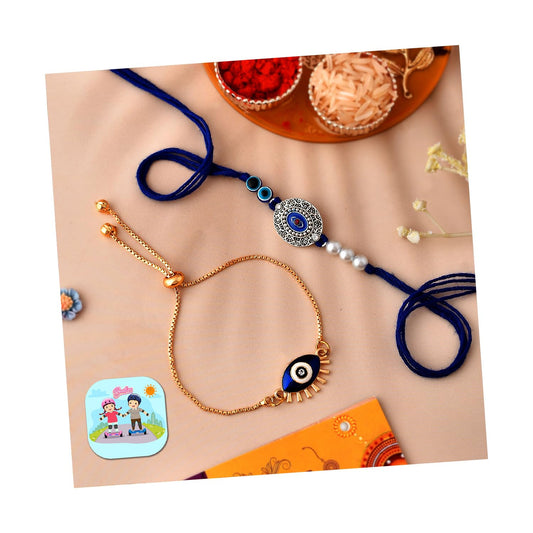 CraftVatika Bhaiya Bhabhi Evil Eye Rakhi Magnet Combo Set for Brother Designer Rakhi for Unisex Adult Rakshabandhan Bracelet Evil Eye Hand Set with Gift