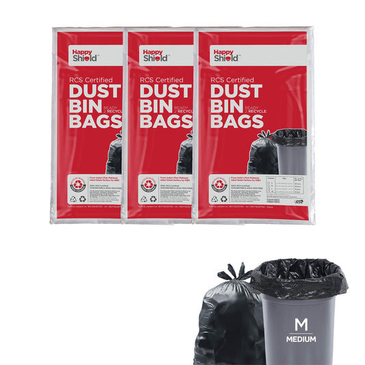 Happy Shield - RCS Certified Garbage Bags (90 Pieces), Medium (19x21 Inches) - 30 pieces/pack (Pack of 3), Black