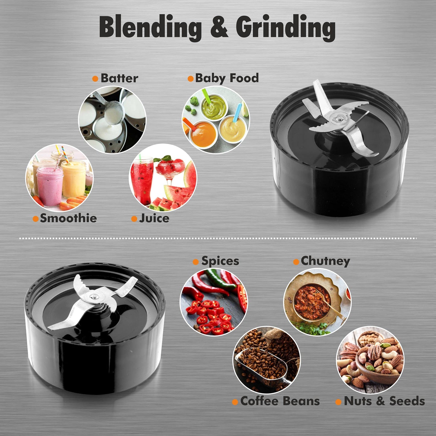 Cookwell Bullet Mixer Grinder (5 Jars, 3 Blades, Silver) - Copper, 600 Watts - 2 Year Warranty