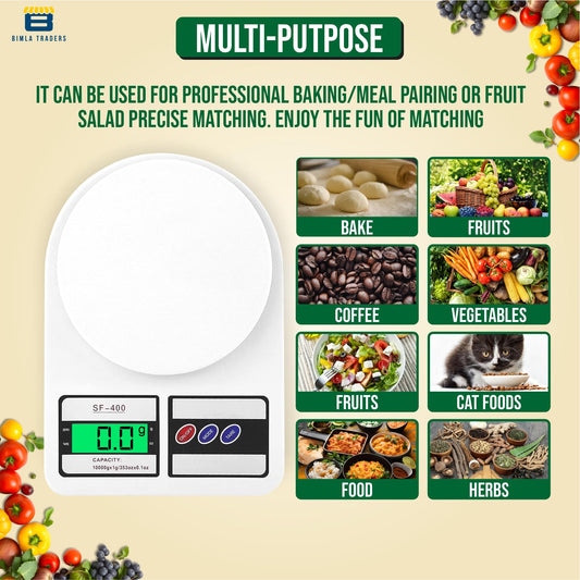 Btag Digital Kitchen Food Weighing Scale For Healthy Living, Home Baking, Cooking, Fitness & Balanced Diet. | Weighing Scale With Digital Display SF 400 10Kg x 1gms (SF_400_WHT)